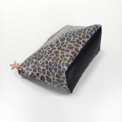 Regenmantelstoff Foliendruck Leopardenmuster Regenbogen-Glitzer - schwarz braun beige