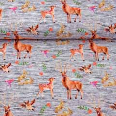 Jersey Hirsche Rehe Hasen Digitaldruck, hellgrau meliert