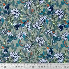 Baumwollstoff Blumen V�gel, hellblau altmint