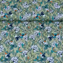 Baumwollstoff Blumen V�gel, hellblau altmint