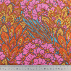RESTST�CK 144 cm Viskose Satin Webware Blumen Korallen seidig gl�nzend, orange braun