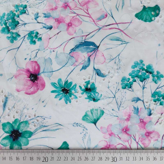RESTST�CK 50 cm Baumwollstoff Blumendruck Blumen Lochstickerei bestickte Webware, pink mint wei�