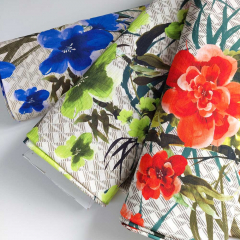 Viskose Krepp Stoff Blumen Bl�tter, orange rot hellbeige