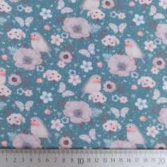 Jerseystoff Baumwolljersey V�gel Blumen - dunkelmint