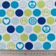 Jersey Stoff Punkte Kreise Herzen Friedenszeichen, wei� blau hellgr�n