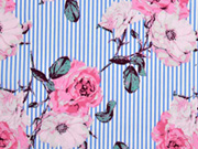 Baumwolle Stretch Streifen Rosen, blau-weiss rosa