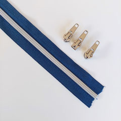 1 m Reiverschluss metallisiert SILBER 6,5 mm Spirale + 3 Schieber, marine blau