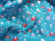 RESTSTCK 140 cm Baumwollstoff Voile Vgel & Blumen, rosa rot petrol