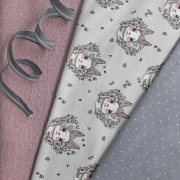 RESTST�CK 28 cm Jerseystoff Hasengesichter Blumen, rosa grau hellgrau