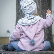 RESTST�CK 28 cm Jerseystoff Hasengesichter Blumen, rosa grau hellgrau