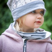 RESTST�CK 28 cm Jerseystoff Hasengesichter Blumen, rosa grau hellgrau