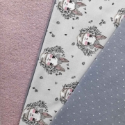 RESTST�CK 28 cm Jerseystoff Hasengesichter Blumen, rosa grau hellgrau