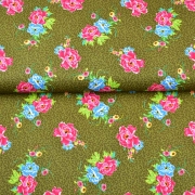 Baumwollstoff Blumen Leomuster, mittelblau pink khaki