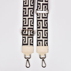 Taschengurt Taschenriemen Labyrinth Muster 5 cm, schwarz ecrue mit ecrue Lederenden, silberfarbige Schnalle