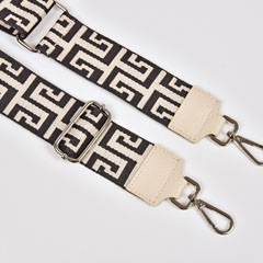 Taschengurt Taschenriemen Labyrinth Muster 5 cm, schwarz ecrue mit ecrue Lederenden, silberfarbige Schnalle