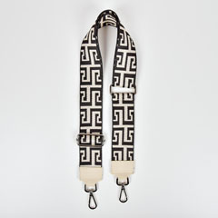 Taschengurt Taschenriemen Labyrinth Muster 5 cm, schwarz ecrue mit ecrue Lederenden, silberfarbige Schnalle