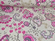 Dekostoff Leinenlook Kelchblumen, pink taupe natur