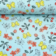 Jerseystoff Schmetterlinge Blumen Kirschen,gelb hellmint