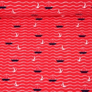 Jerseystoff Segelboote Möwen Wellen, weiß dunkelblau rot