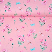 Jerseystoff Blumen Libellen Digitaldruck, pink rosa