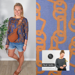 Viskose Stoff Blusenstoff Ringe Quadrate, terracotta braun jeansblau