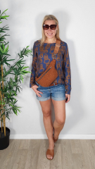 Viskose Stoff Blusenstoff Ringe Quadrate, terracotta braun jeansblau
