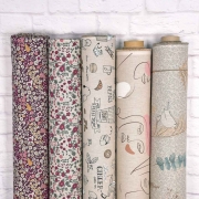 RESTSTCK 95 cm Dekostoff Vgel Zweige Bltter Leinen Optik, mint natur