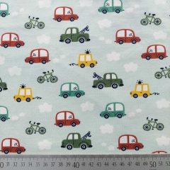 Jerseystoff Autos Wolken Retro, grn rostbraun hellmintgrn