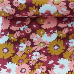 RESTSTCK 128 cm Soft Sweatstoff Blumen, senfgelb coralle bordeaux
