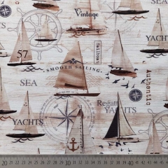 Canvas Stoff Segelboote Vintage Baumwollstoff Digitaldruck,  dunkelbraun braun weiß