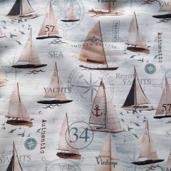 Canvas Stoff Segelboote Vintage Baumwollstoff Digitaldruck, rauchblau wei