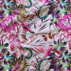 Jerseystoff Colibris tropische Blätter Digitaldruck, pink hellbeige