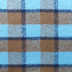 Mantelstoff Karomuster Jackenstoff flauschig, hellbraun dunkelblau hellblau