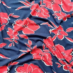 Viskosejersey Stoff Blumen Bltter, rot dunkelblau
