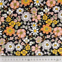 Baumwollstoff Blumen Blten, flieder orange weiss schwarz