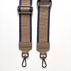 Taschengurt Taschenriemen grafisches Muster 5 cm breit, dunkelblau hellbraun, hellbraunes (taupe) Leder