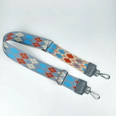 Taschengurt Taschenriemen Rauten Streifen Argyle Muster, grau hellblau rostbraun natur,dunkelgraues Leder,silber
