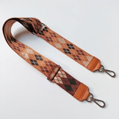 Taschengurt Taschenriemen Rauten Streifen Argyle Muster- cognac beige schwarz dunkelbraun-mittelbraunes Leder-silber Schnallen