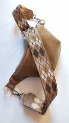 Taschengurt Taschenriemen Rauten Streifen Argyle Muster- beige grau wei- beiges Leder -silber Schnallen