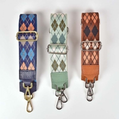 Taschengurt Taschenriemen Rauten Streifen Argyle Muster- beige grau wei- beiges Leder -silber Schnallen