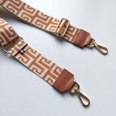 Taschengurt Taschenriemen Labyrinth Muster-cognac ecrue- cognac Leder - gold Schnallen