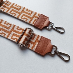 Taschengurt Taschenriemen Labyrinth Muster, cognac ecrue- cognac Leder - silber Schnallen