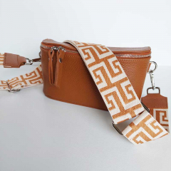 Taschengurt Taschenriemen Labyrinth Muster, cognac ecrue- cognac Leder - silber Schnallen