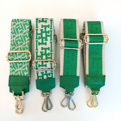 Taschengurt grafisches Muster - ecrue grn- grnes Leder - gold Schnallen