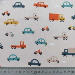 Baumwollstoff kleine Autos, blau mint orange beige