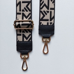 Taschengurt Taschenriemen abstraktes Muster- schwarz ecrue- schwarzes Leder-gold Schnallen