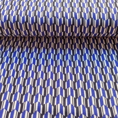 Viskosestoff mit Stretch Blusenstoff grafisches Muster, lilablau schwarz wei
