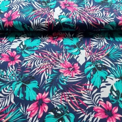 Viskose Jerseystoff Blumen tropische Bltter, pink dunkelblau