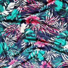 Viskose Jerseystoff Blumen tropische Bltter, pink dunkelblau
