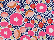 Dekostoff Blumen, pink aprikot dunkelblau weiss